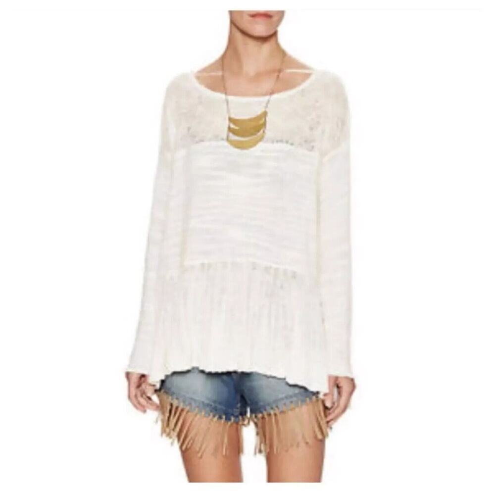 Free People Kristobel Ruffled Crochet Knit Long Sleeve Cream Medium Sweater Top